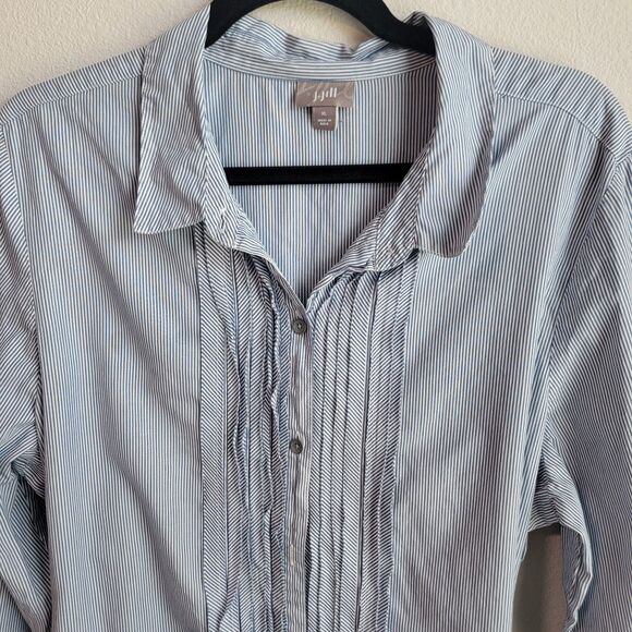 J.Jill Blue & White Collared Striped Pleated Long Sleeve Button Up Shirt sz M - Picture 2 of 7